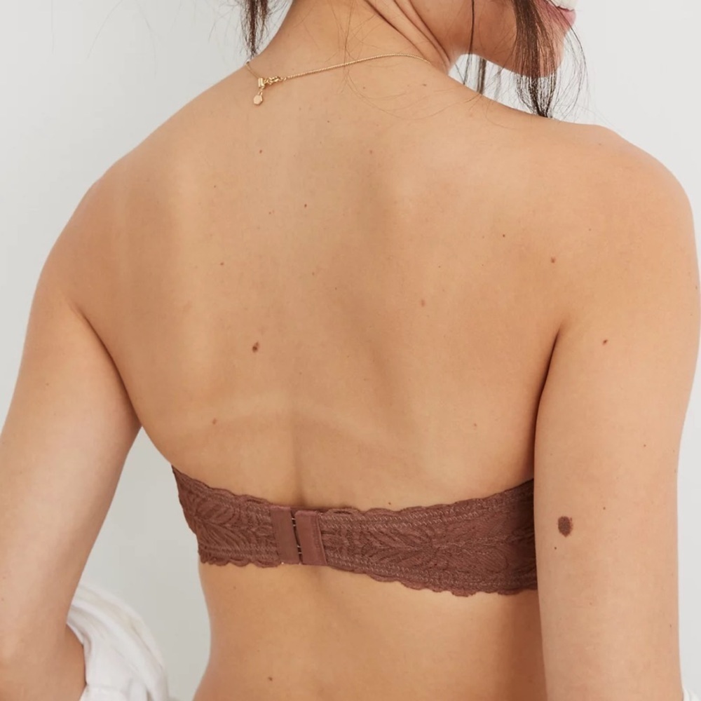 Aerie Chocolate Lace Bandeau Strapless Mocha Tan Soft Bra Bralette - Picture 2 of 4